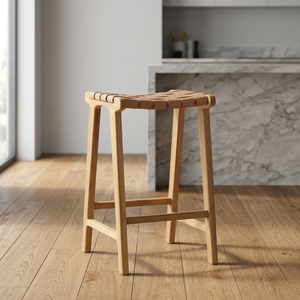 Taburete de Bar Moderno de Madera con Asiento de Cuero Trenzado, Diseño Escandinavo, Silla Estable para Barra de Cocina o Isla, Mueble para el Hogar - Product Image 3