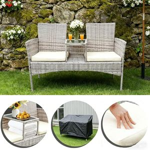 <span class=keywords><strong>Canapé</strong></span> deux <span class=keywords><strong>places</strong></span> en rotin tressé à la main, résistant aux intempéries, couleur beige clair, avec table latérale centrale amovible pour balcon et <span class=keywords><strong>jardin</strong></span> - Product Image 2
