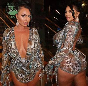 Yeni degrade leopar baskı 2 parça Set salıncak yaka uzun kollu Backless üst ve İpli şort takımı Trendy iki parçalı takım elbise - Product Image 1