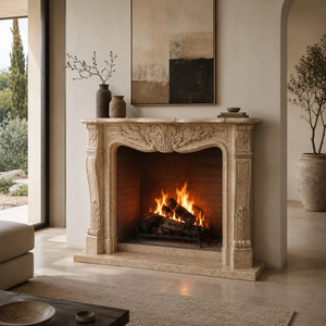 Traditional Marble <b>Fireplace</b> Mantel With Ornate Carving Galala Beige marble Stone Indoor Wood Burning Hearth For Dining - Product Image 6