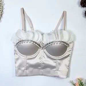 Wholesale Diamond Pearl Petal Luxury Silk Elegant High Quality Boned New Bodice Corset Bustier Ladies Satin String Tops Women