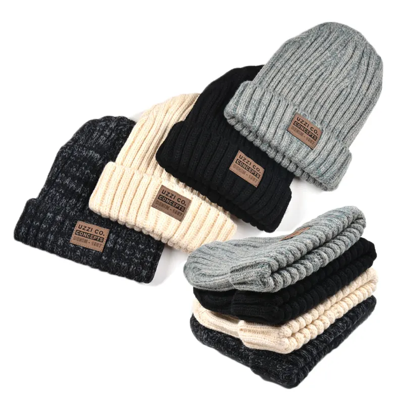 Wholesale Custom Organic Cotton,Wool,Merino Knitted Beanie Hat With Leather Patch