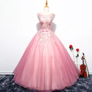 सुंदर वी गर्दन फीता फूल सजावट मंजिल लंबाई मोती फूल गुलाबी स्त्री कपड़े शादी का जोडा