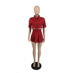 Solid Color Turn Down Collar Button up Short Skirt Summer Two Piece Mini Women <b>Set</b> Fashion - Product Image 4