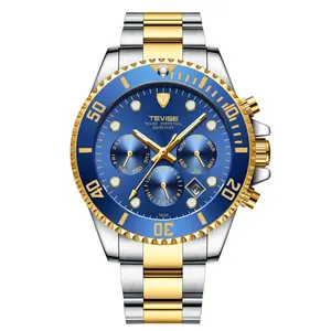 Tevise排名前 10 位品牌手表蓝色六指针夜光不锈钢带奢侈手表