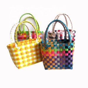Colorful Plastic Woven Small Tote Bag Lovely Shopping Bag Rainbow Beach Bag Kids Basket