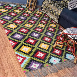 พรมปอกระเจาขนสัตว์วินเทจทำด้วยมือปักลวดลายเรขาคณิตพรมหลายสีแบบกลับด้านได้สำหรับบ้านห้องนั่งเล่น - Product Image 1