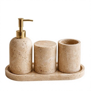 Ensemble de salle de bain en pierre naturelle à prix abordable avec distributeur de savon, porte-brosse à dents, plateau et porte-savon pour usage domestique - Product Image 1