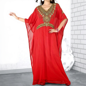 Abaya rouge perlée en polyester grande taille pour femme, longueur cheville, manches longues, col montant, robe de soirée modeste, style Moyen-Orient, couleur unie - Product Image 1