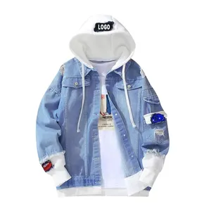Mens Fashion Cool Denim Jacket with Hoodie Spring and Autumn Stand Customized Logo Denim Fabric Hip Hop Vintage Decoration 50pcs