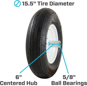 Roue de <span class=keywords><strong>brouette</strong></span> pneumatique Hanak 6 pouces, moyeu 5/8 pouces, roulement à billes, bande de roulement nervurée en polyuréthane, pneumatique, 480/400-8, roue complète de 16 pouces - Product Image 4