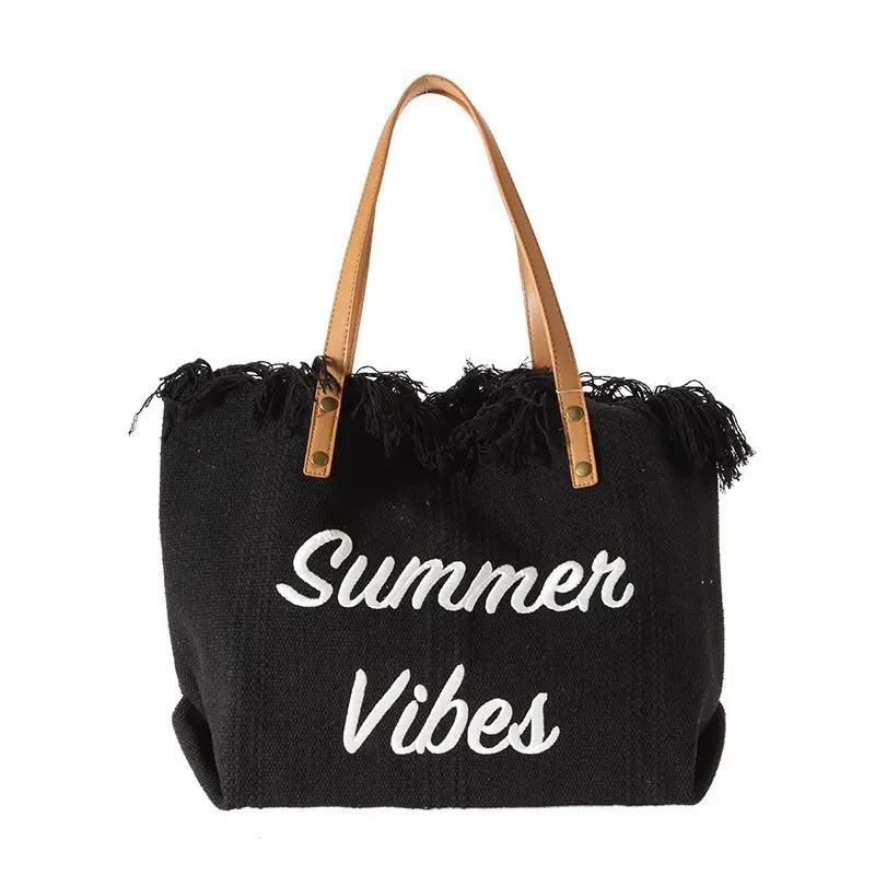 Bolso de mano de playa con borlas de gran capacidad de gran tamaño personalizado de alta calidad, bolso de hombro de lona de viaje para mujer con asas de cuero