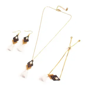 Moyamiya ethnic vintage jewelry Miyuki woven Bead geometric pattern tassel Earrings Bracelet necklace Set