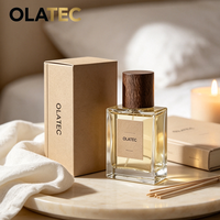 OLATEC Frasco de Perfume de Vidrio Elegante, Envase Vacío de 50 ml, Botella de Perfume Rectangular de Vidrio con Tapa de Madera y Caja de Embalaje Kraft