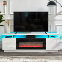 Gabinete de TV de moda Premium Base blanca con iluminación LED azul con decoración de chimenea