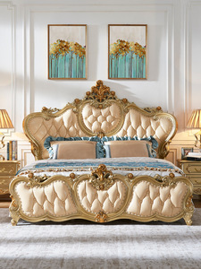 Ensemble de lit double royal européen de luxe en cuir véritable avec cadre en bois massif pour la maison, la villa, l'hôtel, la chambre à coucher, le salon - Product Image 2