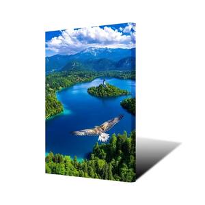 Peinture à l'huile de paysage de lac alpin avec un aigle en vol, art mural, impression numérique sur toile, design personnalisé pour la décoration moderne de la maison - Product Image 4