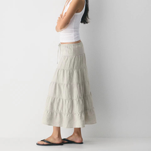 Jupe midi à volants en lin kaki clair avec cordon de serrage, style décontracté d'été - Product Image 2