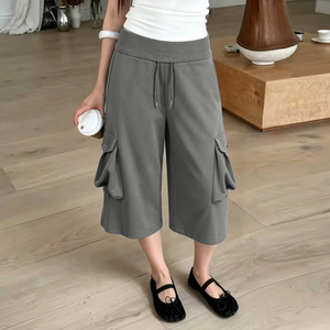 Pantalones Capri Holgados con Bolsillos Cargo para Mujer, Color Sólido, Cintura Elástica con Cordón, Pantalones Deportivos Casuales de Verano, Gran Venta - Product Image 1