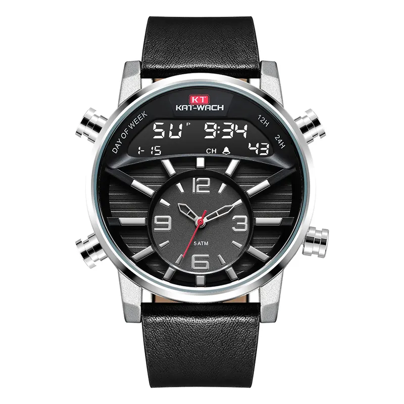 KAT-Wach 1819 Men's Digital Quartz Movement Watches Fashion Leather Band Casual Stop Digital Stopwatch Relojes Hombre Men Watch