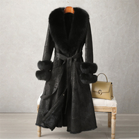 Manteau long d'hiver PUDI pour femme avec ceinture, col en fourrure de renard, doublure en lapin, style décontracté vintage, épais en laine non tissée CT186
