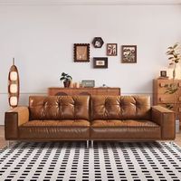 Canapé vintage américain en cuir huilé - Canapé droit 3 places léger et luxueux pour petit appartement ou salon