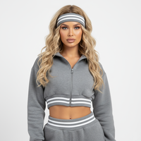 Ensemble de survêtement court pour femme, veste zippée intégrale à taille côtelée rayée et pantalon de survêtement large, gris chiné, 2 pièces, vente en gros