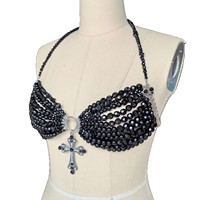 Top court à bretelles orné de perles, style punk gothique, fait main, pour femme, pour festival, en noir