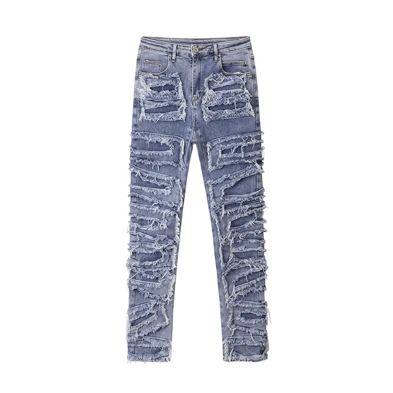 LILUO High Street Heavy Industry Washed Damaged Patch Jeans Men Designer Light Blue All over Distressed Men's Jeans