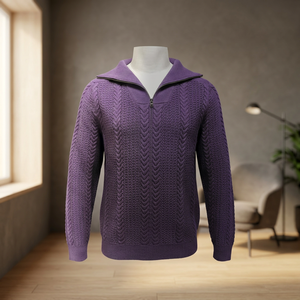 Chemise décontractée pour homme, violette, à col à revers, avec fermeture éclair 1/4, à manches longues et à motif torsadé - Product Image 4