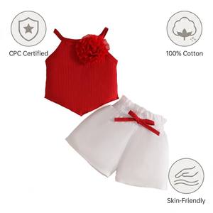 Elegante Set Estivo Casual per <span class=keywords><strong>Bambina</strong></span>, Top Rosso Senza Maniche con Dettagli Floreali 3D, Shorts Bianchi con Fiocco, 2 Pezzi Traspiranti, Boutique per Bambini - Product Image 6