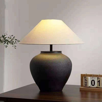 Lámpara de Mesa de Cerámica Texturizada Wabi Sabi con Pantalla de Lino Color Carbón, Diseño Orgánico Nuevo Chino para Decoración de Dormitorio, Sala de Estar u Hotel
