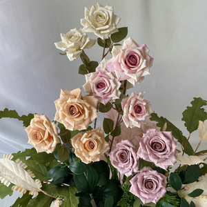 Meilleures ventes de fleurs artificielles en soie, rose à 3 têtes, rose artificielle blanc ivoire pour la décoration de mariage et de fête - Product Image 5