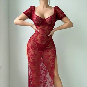 New Sexy See-Through Lace Slit Hip Dress With Thong Sexy Lingerie 2-Piece Set for Women - Product Image 1