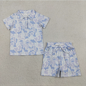 Conjunto de Ropa de Caza para Bebés Hermanos, Camiseta Polo Azul Claro con Estampado de Perros y Bolsillos, Pantalones Cortos - Product Image 4