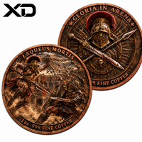 Pièce de monnaie en relief 3D profond de 1 once en cuivre fin .999, représentant un gladiateur romain lanceur de filets et un porteur de bouclier dans un amphithéâtre en pierre cintrée, objet décoratif et cadeau