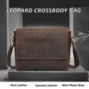 Men's Classic Cow Leather <b>Messenger</b> <b>Bag</b> Adjustable Strap Solid Color Flap Closure Durable Business <b>Crossbody</b> <b>Bag</b> - Product Image 2