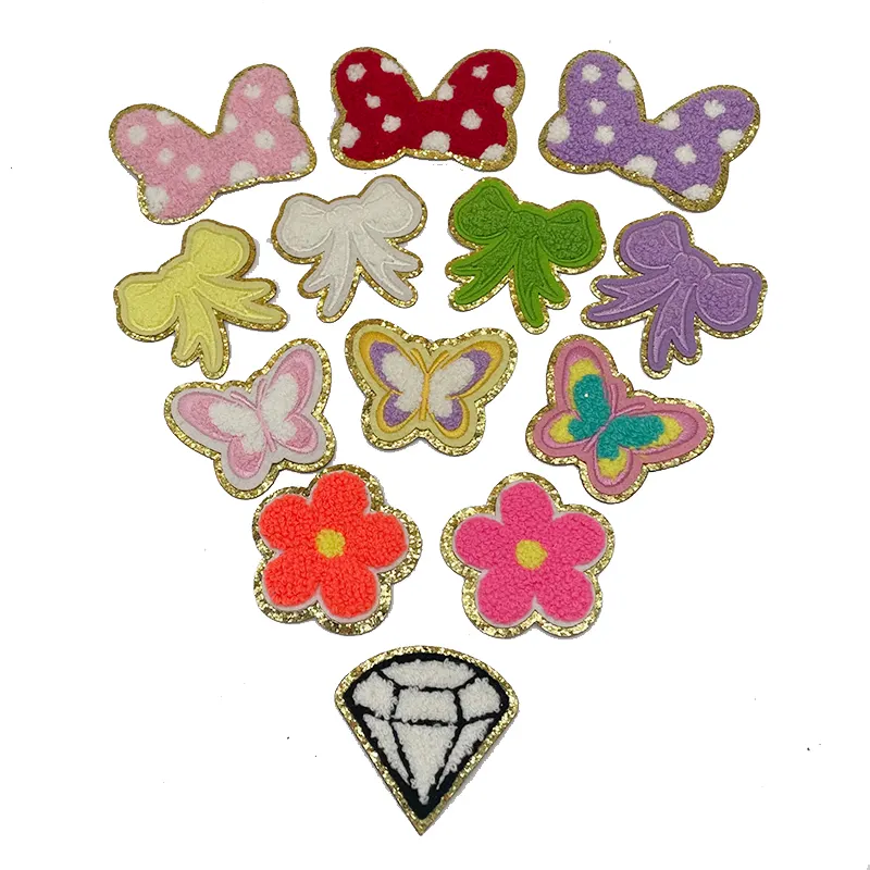 Patchs de Chenille papillon auto-adhésif à capuche, nœud de fleur coloré, paillettes pour vêtements d'enfants, vente en gros