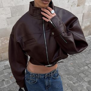 Chaqueta Bomber Corta Personalizada 2026 de Cuero PU Tejido para Mujer, Manga Larga, Cuello Alto, Cremallera, Estilo Moto, Relleno 100% Poliéster, Otoño - Product Image 1
