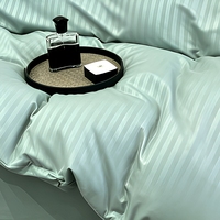 Parure de lit en coton vert sauge 4 pièces, housse de couette, drap et taies d'oreiller à rayures satinées pour la décoration de chambre à coucher