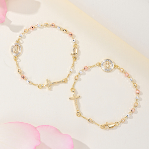 Braccialetti da donna con ciondolo a croce, rosario tricolore, San Benedetto, braccialetti religiosi con perline della Vergine Maria di Guadalupe, placcati in oro. - Product Image 1