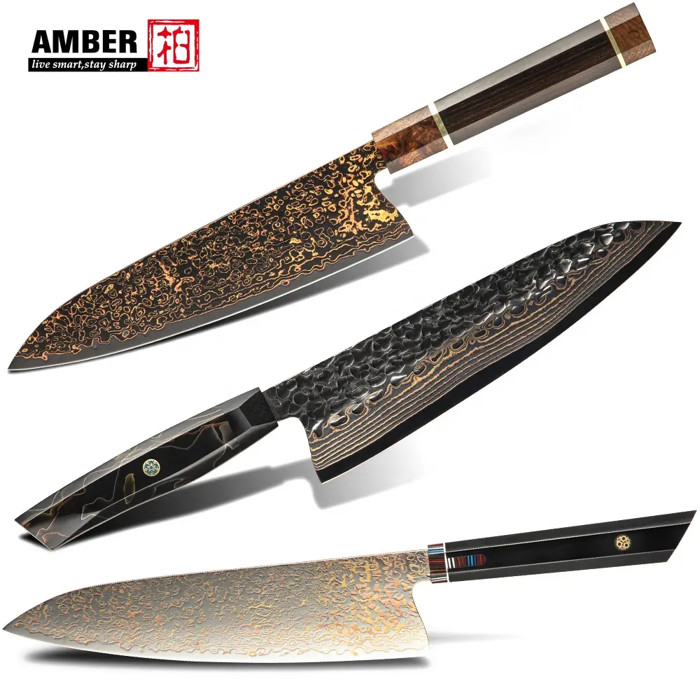 琥珀色の木製樹脂ハンドル8インチDLCのようなブレードブラックシェフナイフ日本のVG10銅ダマスカスナイフ