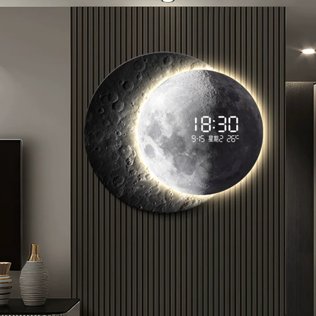 Moon Phase LED Wall Clock with Digital Display-Modern Wall Art Piece of the Moon's Surface, Suitable for Living Room and Bedroom