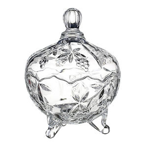 Pot à bonbons en verre à trois pieds en cristal rond, boîte à bijoux en verre, boîte à sucre avec pieds, motifs de raisin, de tulipe et de lys, bol à chocolat avec couvercle - Product Image 1