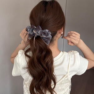 한국 스타일 카레 컬러 메쉬 플래드 보우 대형 헤어 링 여성용 레트로 수제 고탄성 웨딩 헤어 장식 - Product Image 2