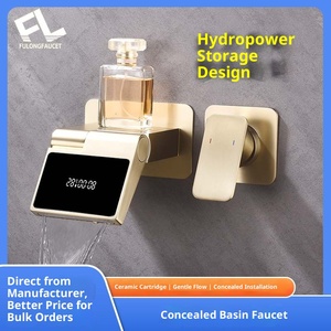 Grifo de lavabo de pared monomando de cobre puro de lujo ligero con pantalla digital, para agua fría y caliente, tipo cascada, de cerámica - Product Image 4
