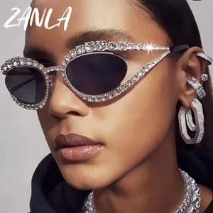 复古小椭圆形水晶闪亮太阳镜女2023新款奢侈品牌水钻派对太阳镜女合金猫眼墨镜