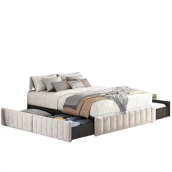 Queen Bed Frame Gestoffeerd Platform Bed Met 4 Opbergladen, Grote Opbergruimte/Sterke Houten Latten/Antislip En Ruisvrij