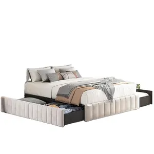 Cadre de lit Queen Lit plate-forme rembourrée avec 4 tiroirs de rangement, grand espace de rangement/lattes en bois solides/antidérapant et sans bruit