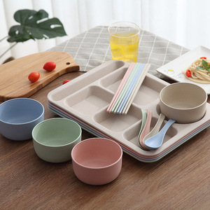 Assiettes divisées 6 compartiments assiettes en paille de blé ensembles d'assiettes à dîner en plastique pour adultes plateaux à déjeuner scolaire - Product Image 5